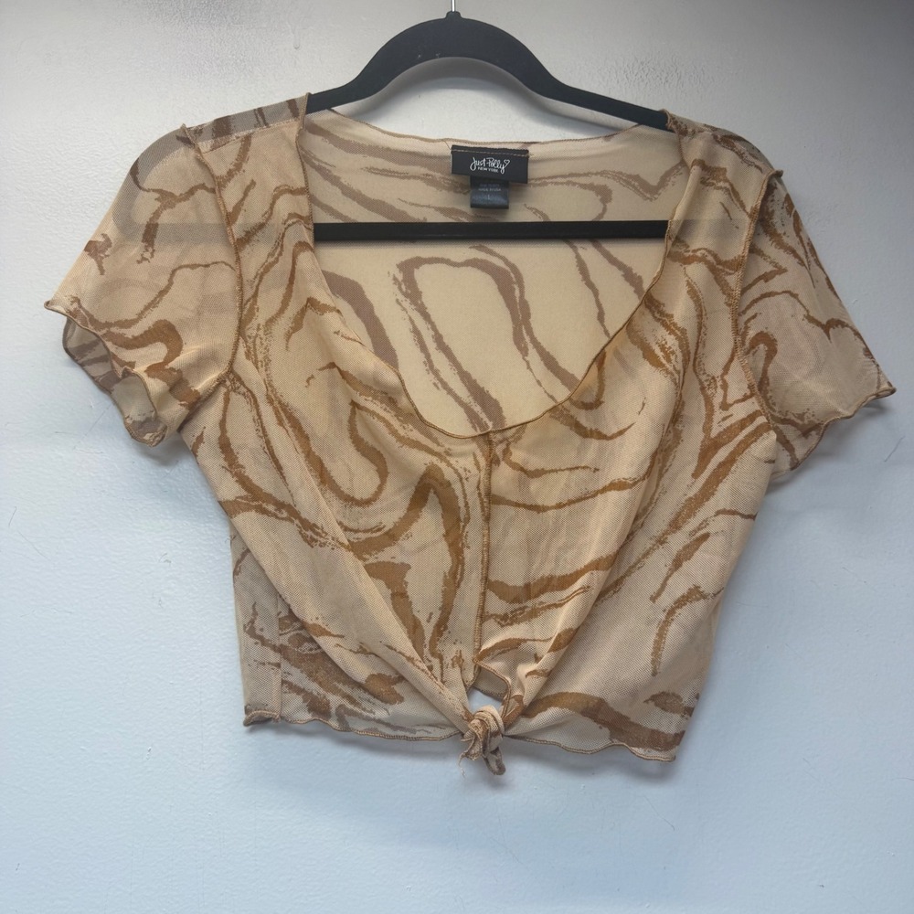 Just Polly Mesh Crop Top Womens Large Tan Brown Excellent Abstract Tie Front USA